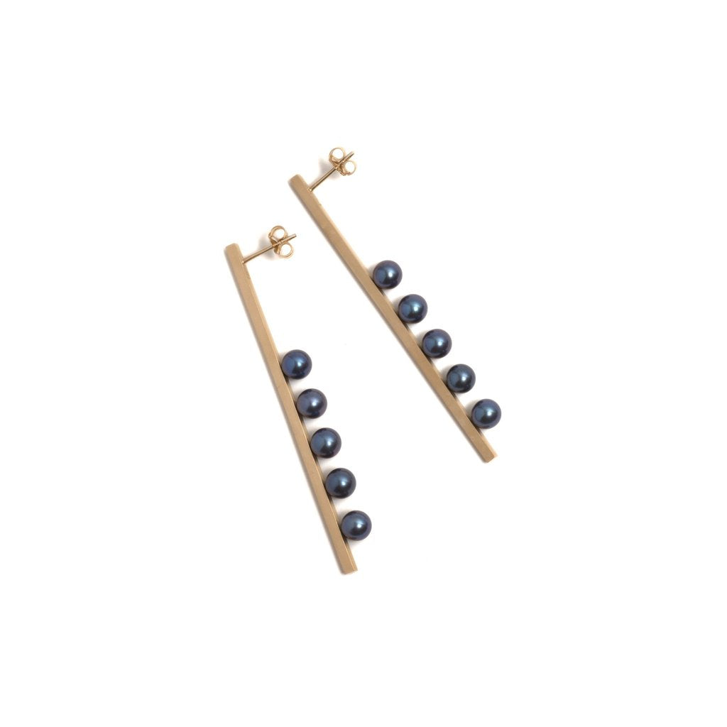 Golden Vertical Suspended Five Pearl Earrings