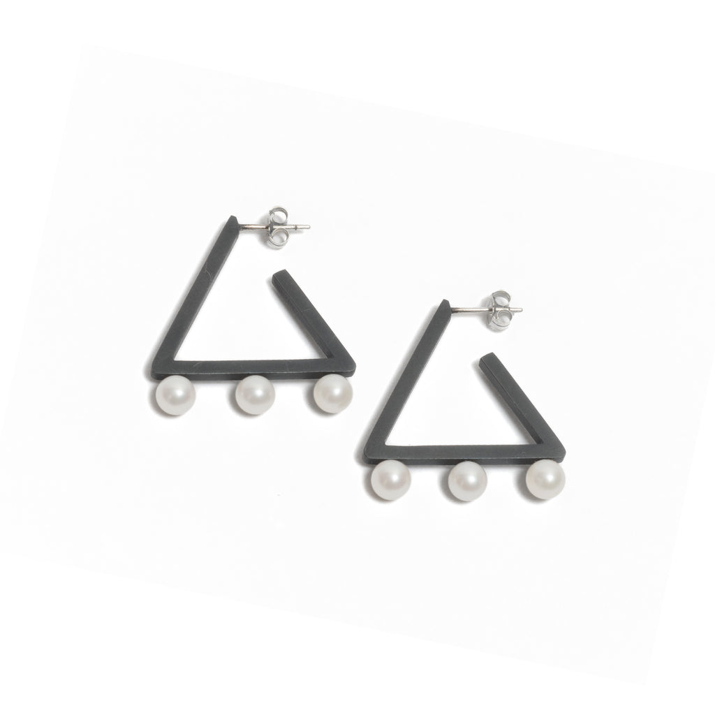 Oxidised Silver Triangle Three Pearl Earrings