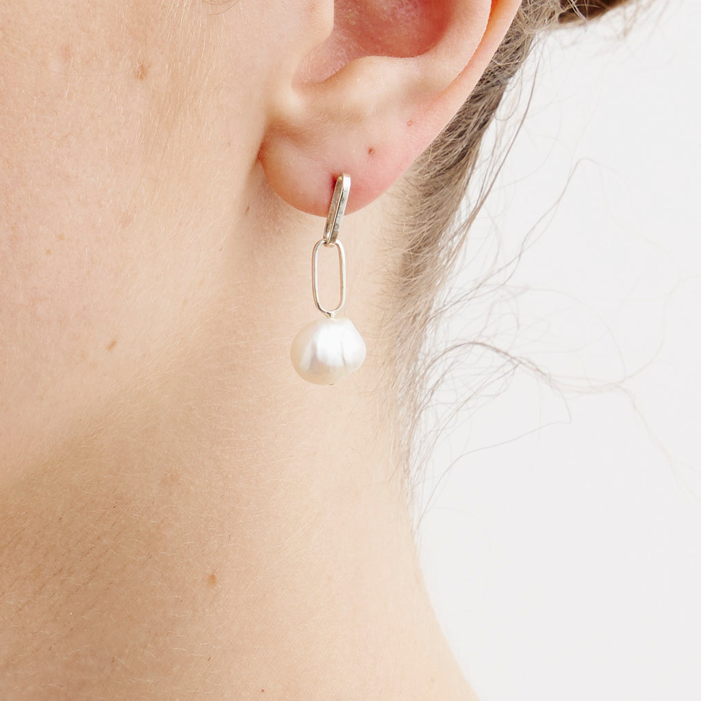 Silver Baroque Pearl Drop Petite Link Earrings