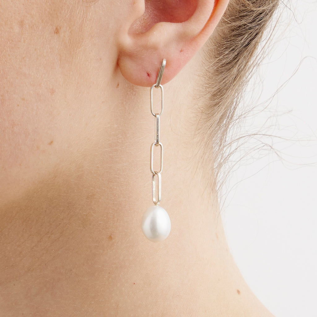 Silver Baroque Pearl Drop Long Link Earrings