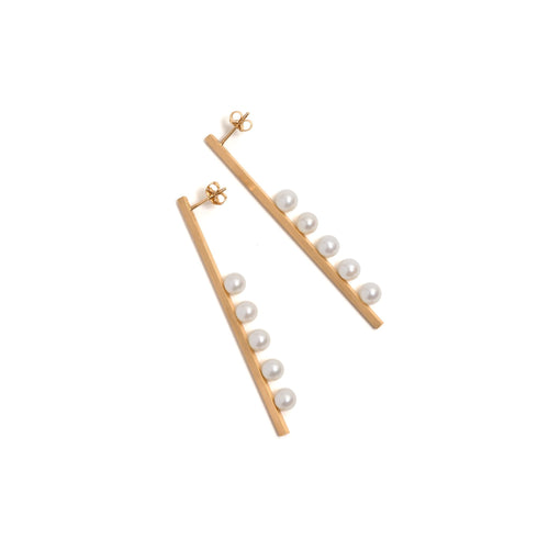 Golden Vertical Suspended Five Pearl Earrings