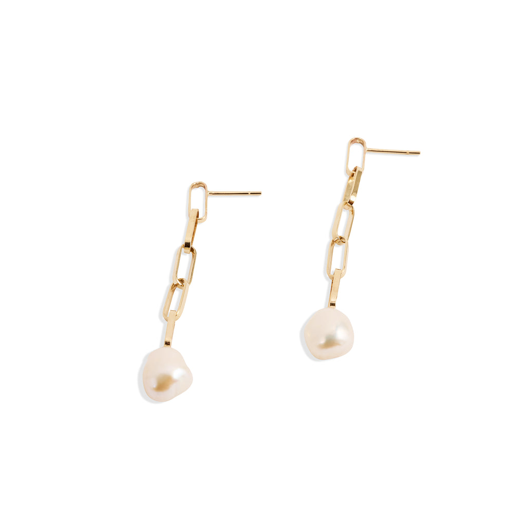 Baroque Pearl Drop Long Gold Link Earrings