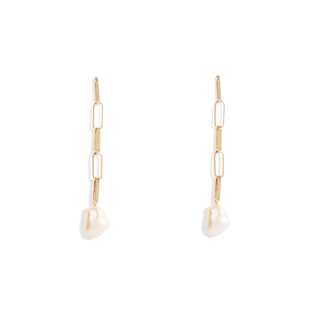 Silver Baroque Pearl Drop Long Link Earrings