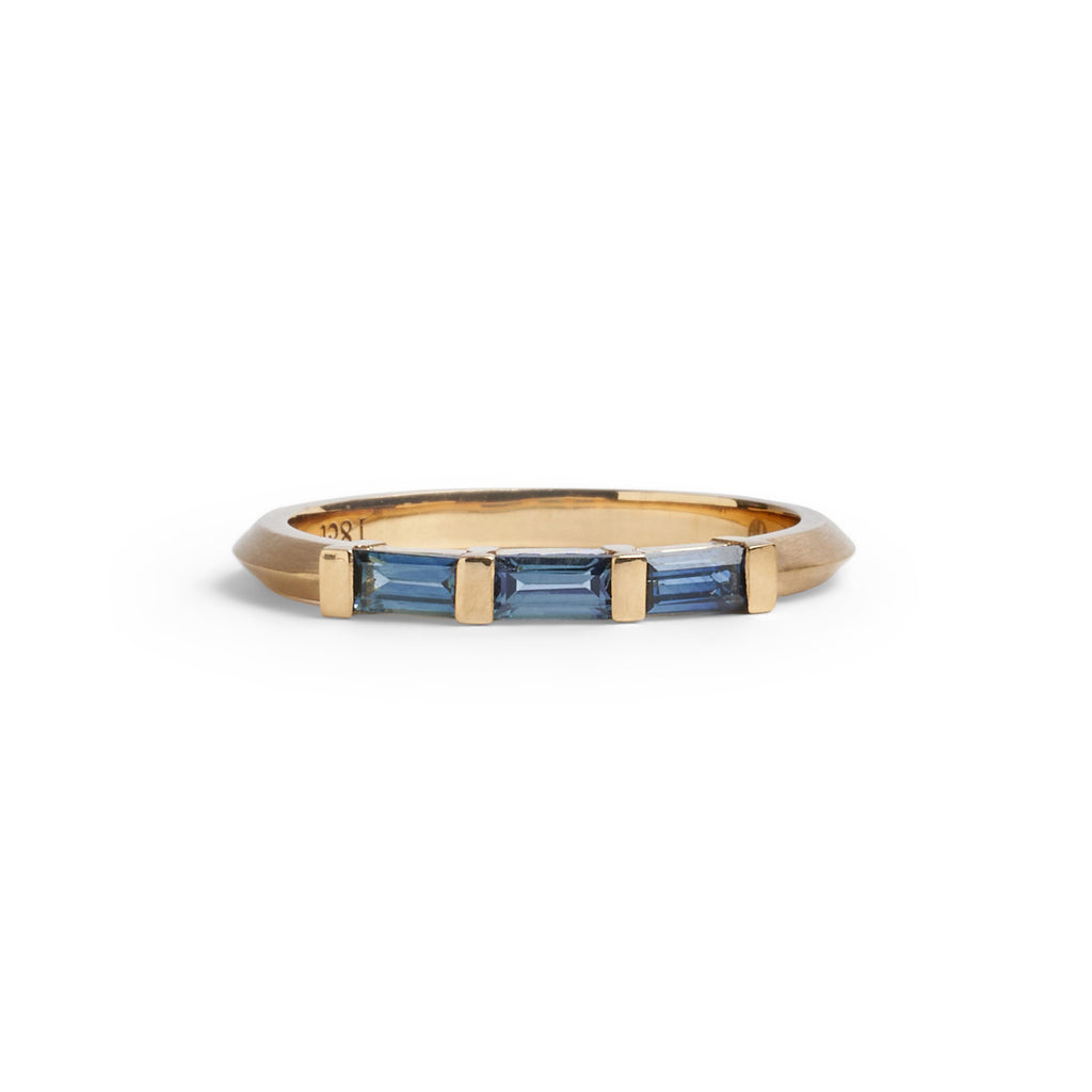 Three Stone Baguette Parti Sapphire Ring