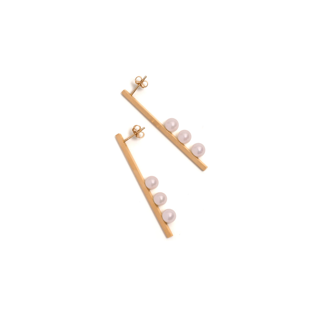 Golden Vertical Suspended Three Pink Pearl Earrings