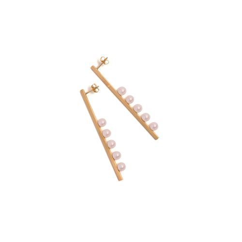 Golden Vertical Suspended Five Pink Pearl Earrings